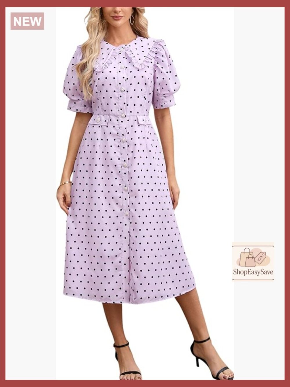 Puff Sleeve Midi Dress Vintage Polka Dot Empire Waist Ruffle Collar Formal